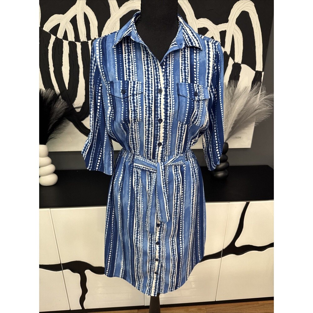 Millenium Blue Stripe Shirt Dress Belted Women’s Small Roll Tab Sleeve